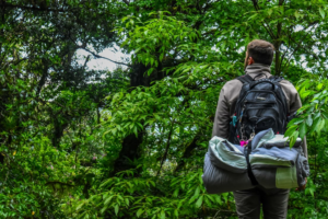 a person going on a sustainable camping trip